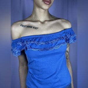 Rue 21 Blue Ruffled Cap Sleeve Blouse Womens Size M Lace Trim Crop Boho Summer